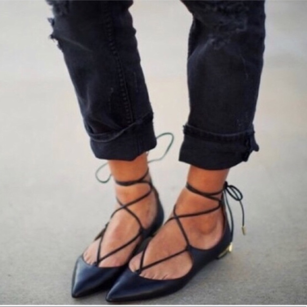 Black Leather Lace-Up Flats with Gold Heel